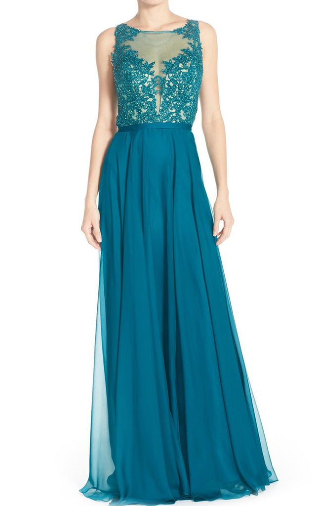 MACloth Straps Lace Long Prom Dress Chiffon Turquoise Formal Evening G