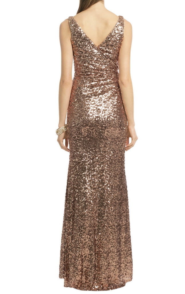 MACloth Mermaid Straps V Neck Sequin Evening Gown Brown Bridesmaid Dre