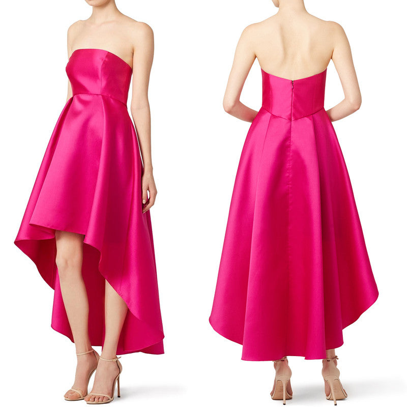 MACloth Strapless Satin Hi-lo Prom Gown Fuchsia Cocktail Dress