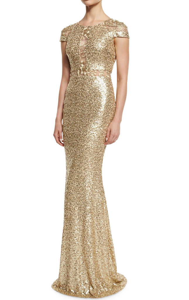 Macloth Cap Sleeves Sequin Gold Long Evening Gown Long Mother Of The B 8655