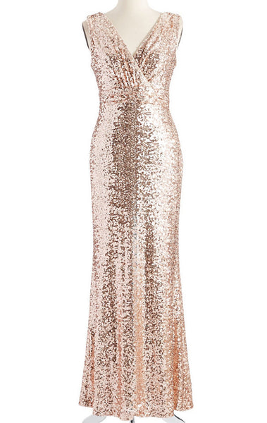 MACloth Straps V Neck Sequin Bridesmaid Dress Rose Gold Formal Evening