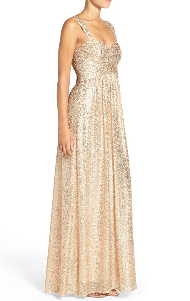 MACloth Straps Sweetheart Sequin Long Bridesmaid Dress Rose Gold Prom