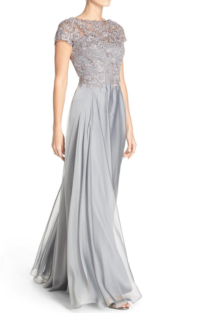 MACloth Cap Sleeves Lace Chiffon Long Evening Gown Silver Mother of th