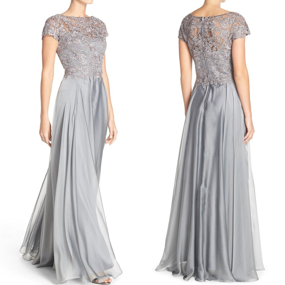 Macloth Cap Sleeves Lace Chiffon Long Evening Gown Silver Mother Of Th 0165