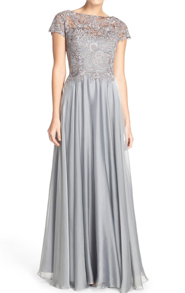 silver evening gowns with sleeves