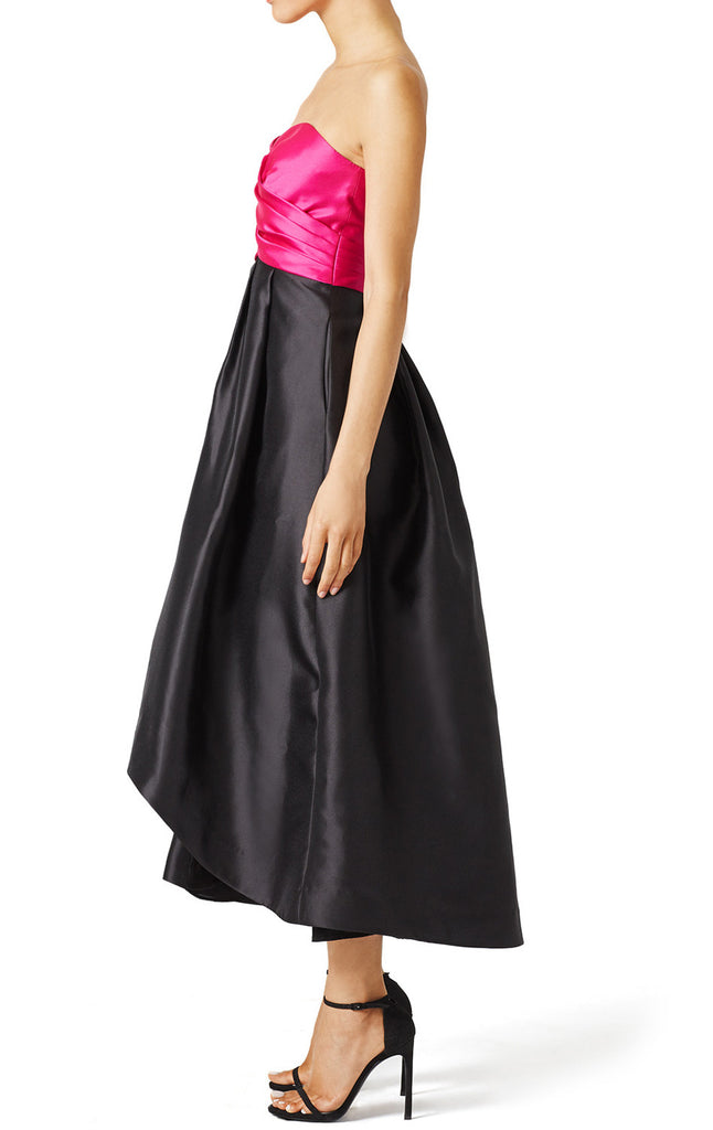 MACloth Strapless Satin Hi-Lo Prom Dress Fuchsia Cocktail Formal Gown