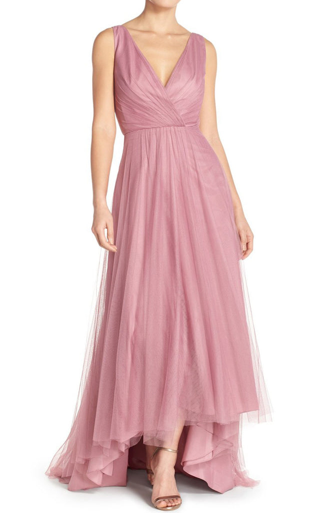 MACloth Straps V Neck Tulle Hi-Lo Bridesmaid Dress Blush Pink Mother o