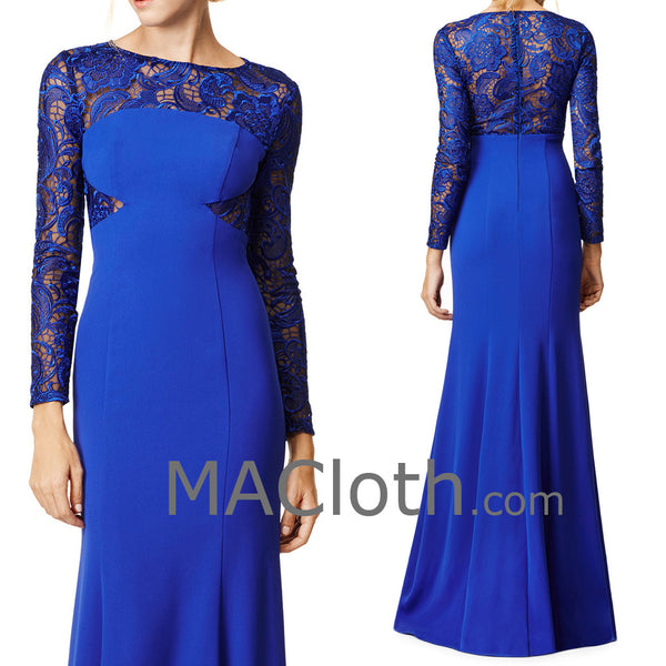 MACloth Women Mermaid Long Sleeves Lace Jersey Royal Blue Evening Gown