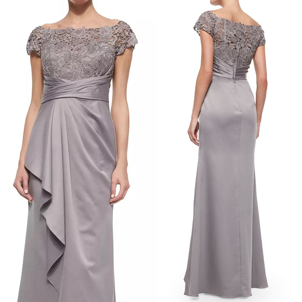 Macloth Women Cap Sleeves Lace Chiffon Long Evening Gown Silver Mother 9180