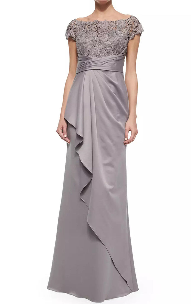 MACloth Women Cap Sleeves Lace Chiffon Long Evening Gown Silver Mother