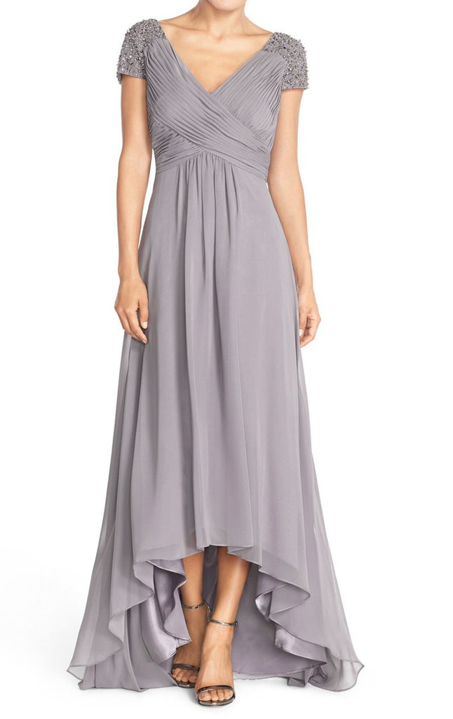 Macloth Straps V Neck Cap Sleeves Hi Lo Chiffon Evening Gown Silver Mo 8916