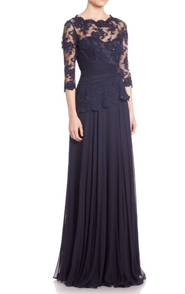 MACloth Half Sleeves Lace Chiffon Evening Gown Dark Navy Mother of the