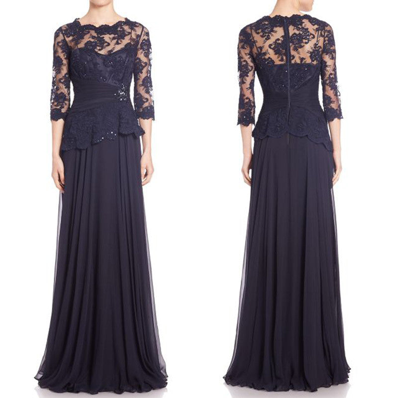 MACloth Half Sleeves Lace Chiffon Evening Gown Dark Navy Mother of the