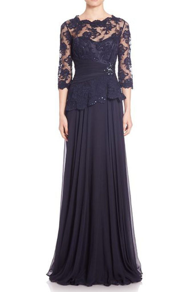 MACloth Half Sleeves Lace Chiffon Evening Gown Dark Navy Mother of the