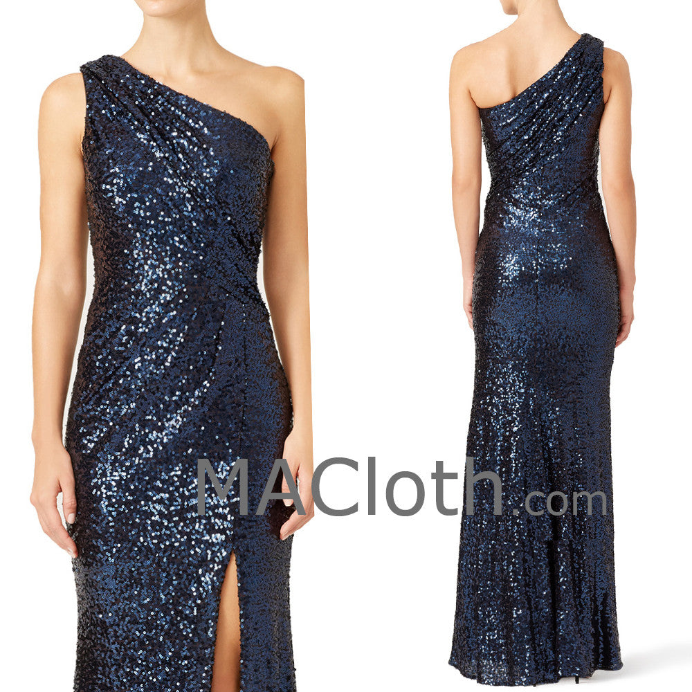 one shoulder navy gown