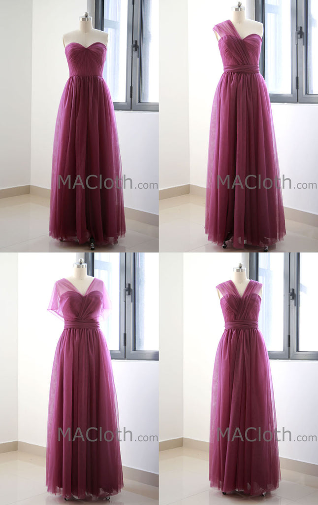 Multi Useful Tulle Burgundy Long Prom Dress, Formal Gown – MACloth