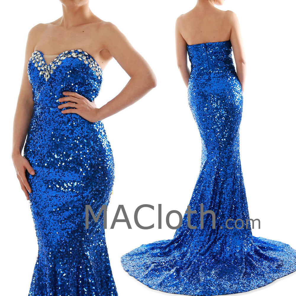 Mermaid Strapless Sweetheart Sequin Royal Blue Prom Evening Gown 1601 Macloth 9284