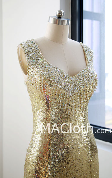 Mermaid Straps Sweetheart Long Sequin Gold Evening Prom Dress – MACloth