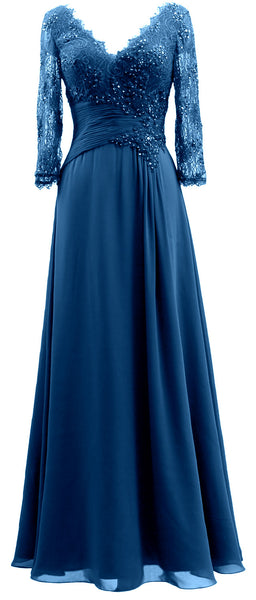 MACloth Women V Neck Long Mother of Bride Dresses 3/4 Sleeve Formal Ev