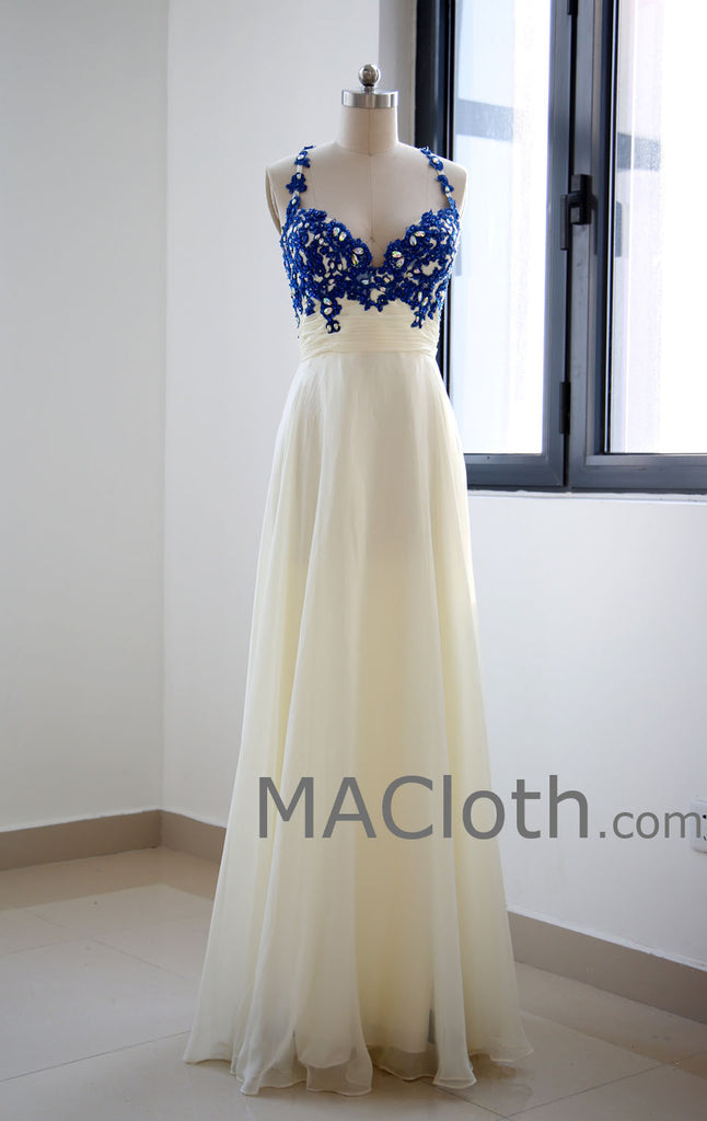 royal blue and cream dress