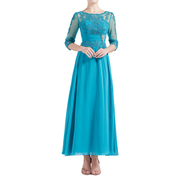 MACloth Women Tea Length 3/4 Sleeve Boat Neck Mother Bride Dresses Bri