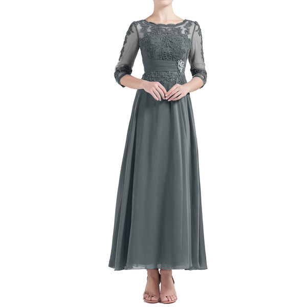 MACloth Women Tea Length 3/4 Sleeve Boat Neck Mother Bride Dresses Bri