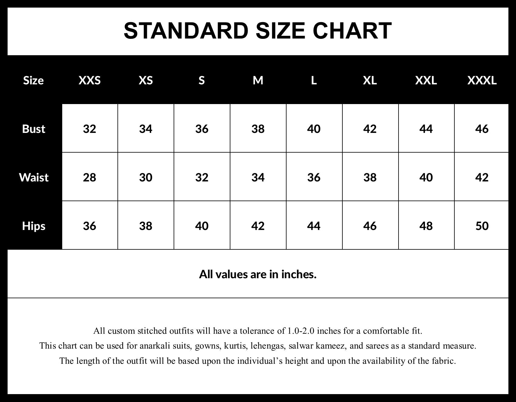 Saira's Boutique Standard Size Chart