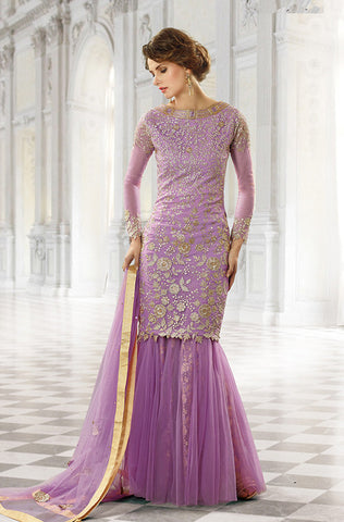 Mauve Purple Designer Heavy Embroidered Net Wedding & Bridal Lehenga