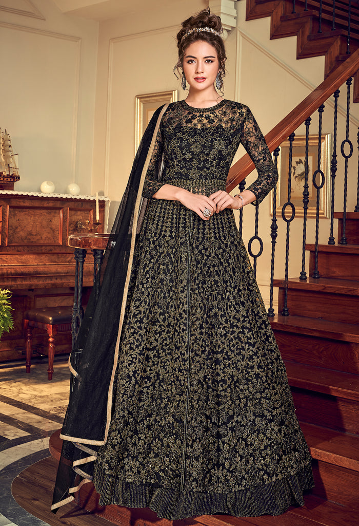 Black Designer Heavy Embroidered Net Wedding Anarkali Gown | Saira's ...