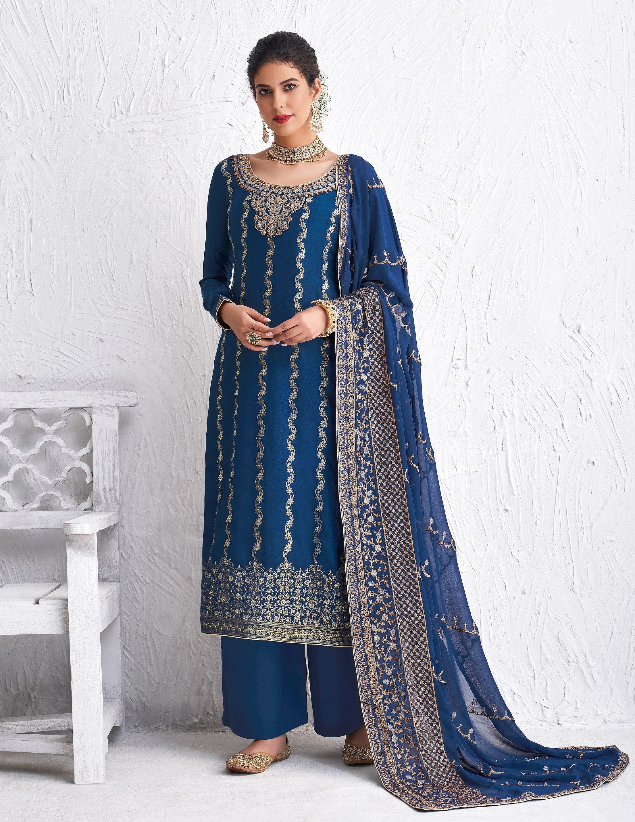 Blue Designer Embroidered Silk Party Wear Palazzo Suit | Saira's Boutique