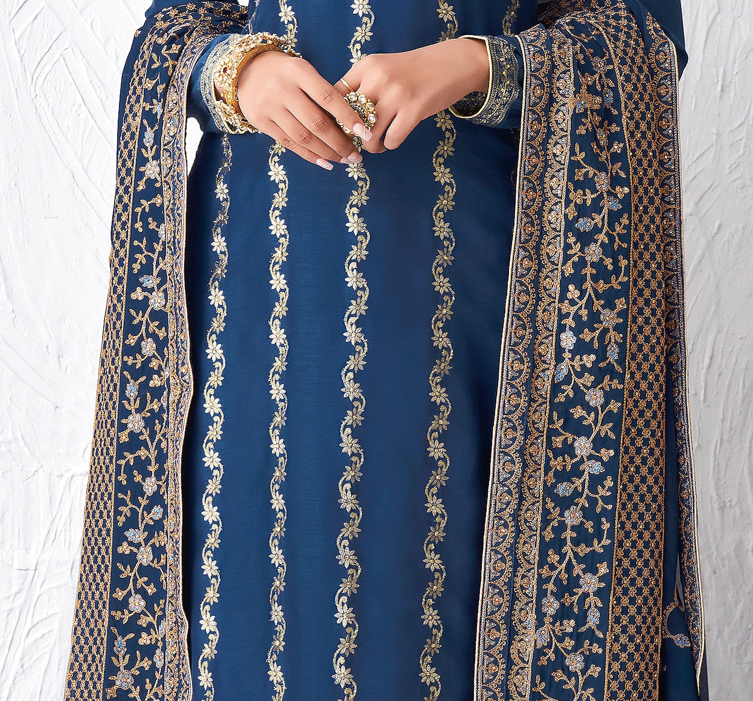 Blue Designer Embroidered Silk Party Wear Palazzo Suit | Saira's Boutique
