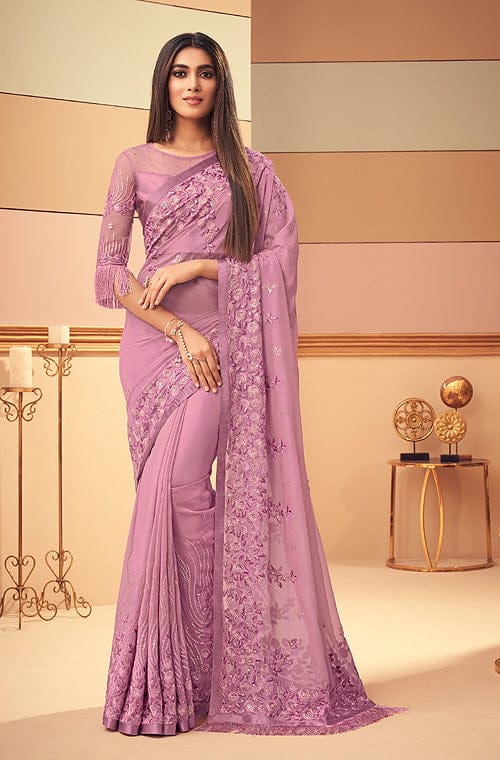 Bright Mauve Rose Designer Embroidered Silk Party Wear Saree | Saira's  Boutique