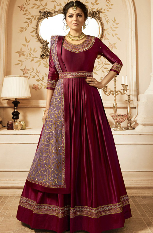 Dark Wine \u0026 Mauve Designer Embroidered 