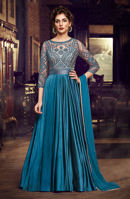 Deep Teal Blue Designer Embroidered Satin Anarkali Gown – Saira's Boutique