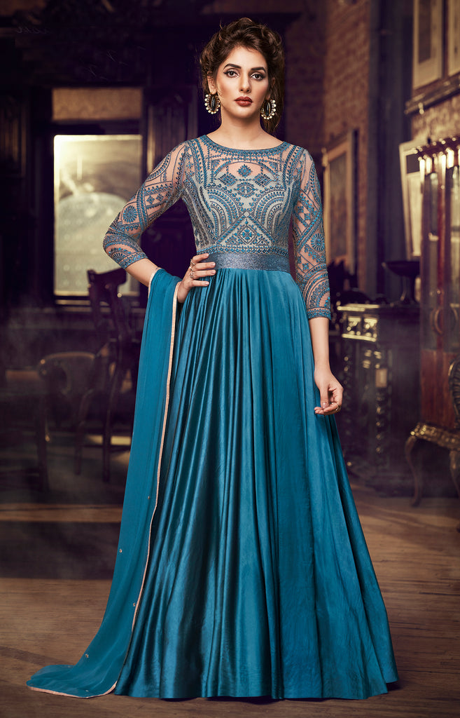 Deep Teal Blue Designer Embroidered Satin Anarkali Gown | Saira's Boutique