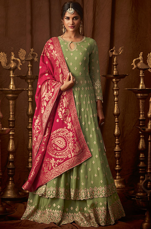 green and pink anarkali