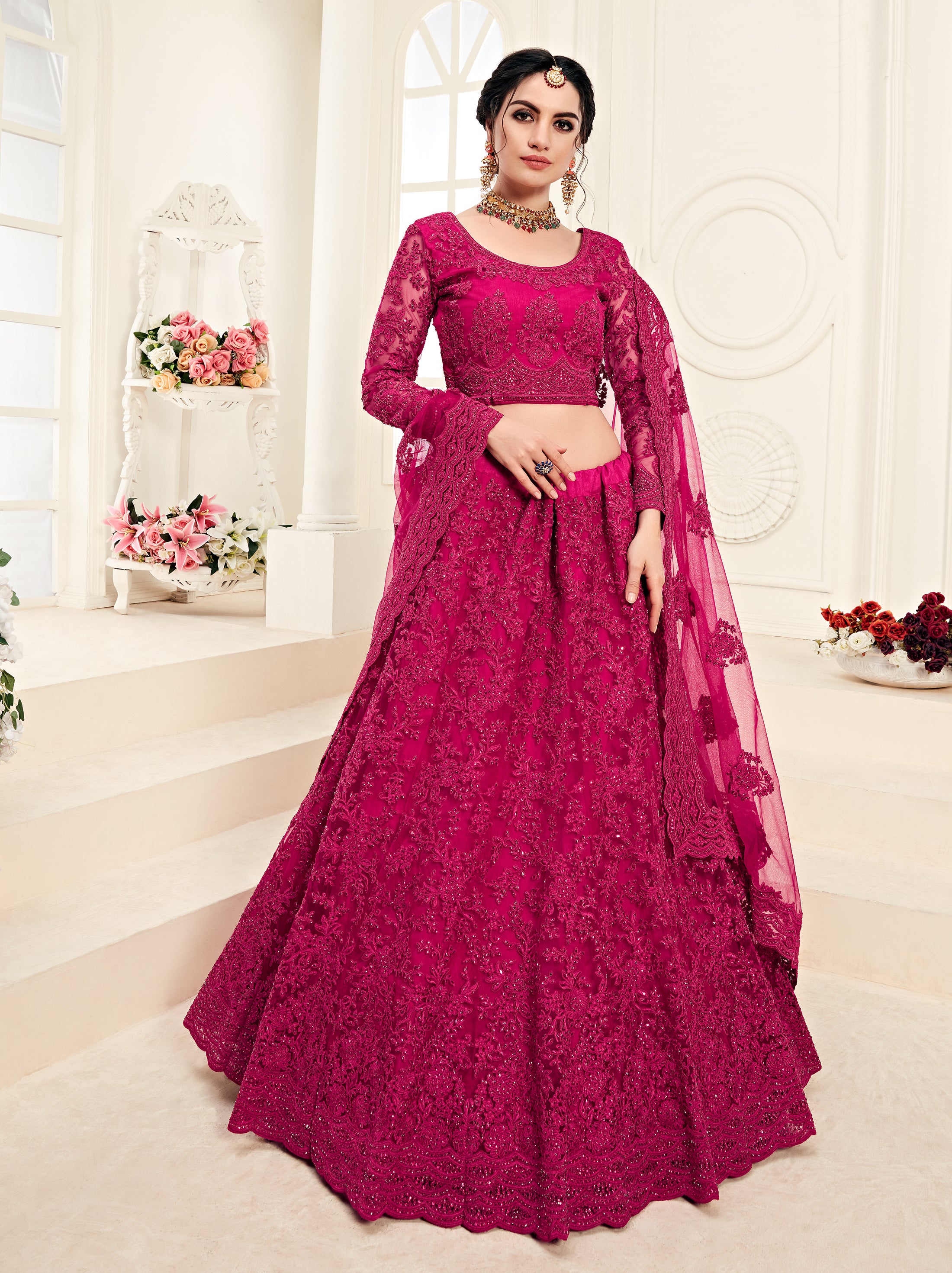 Magenta Pink Designer Heavy Embroidered Bridal Lehenga | Saira's Boutique