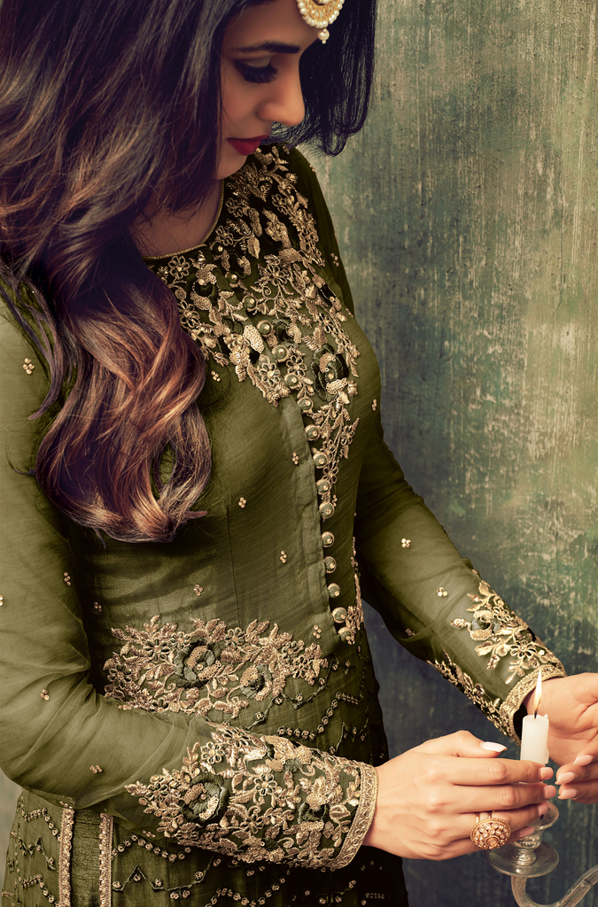 Mehendi Green Designer Heavy Embroidered Net Anarkali Suit-Saira's Boutique