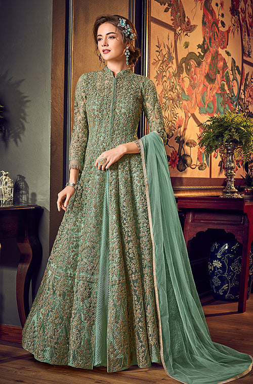 green anarkali gown