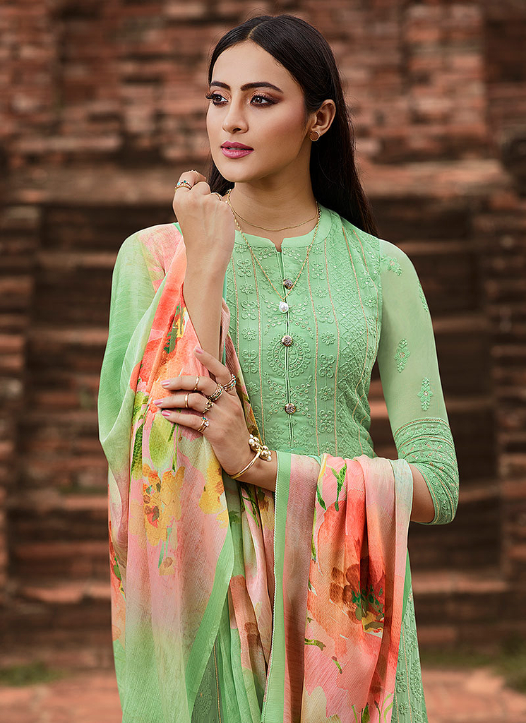 Mint Green Designer Embroidered Lucknowi Chikankari Pant Suit-Saira's Boutique