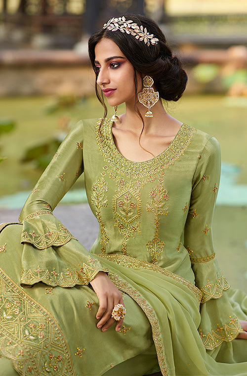 Olive Green Designer Embroidered Party Wear Palazzo Suit – Saira's Boutique