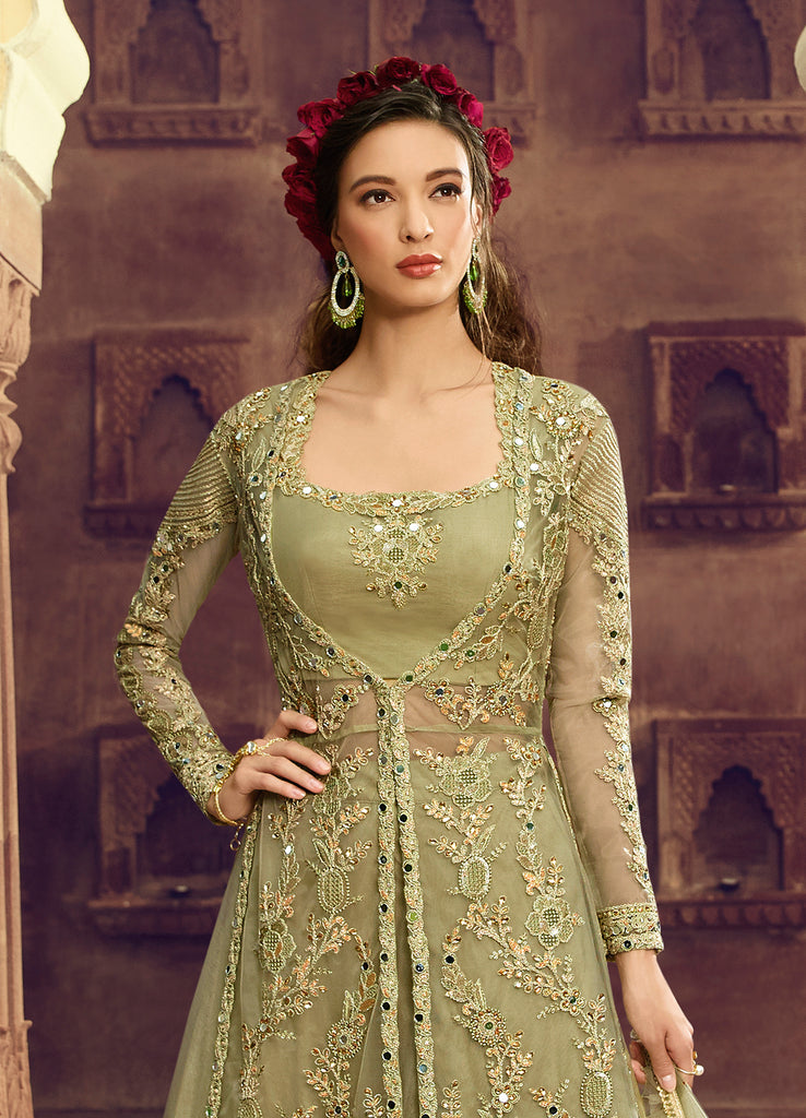 Olive Green Designer Embroidered Lehenga Style Net Anarkali Suit-Saira's Boutique