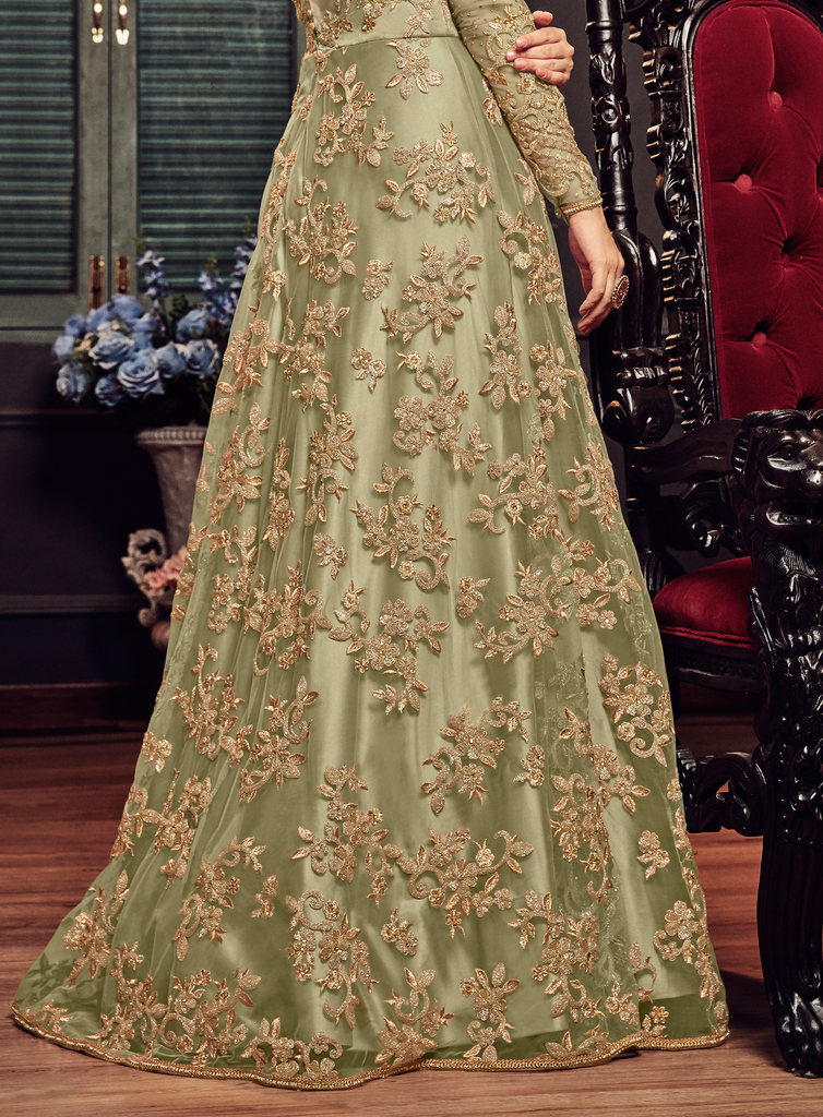 Olive Green Designer Heavy Embroidered Net Bridal Anarkali Gown-Saira's Boutique