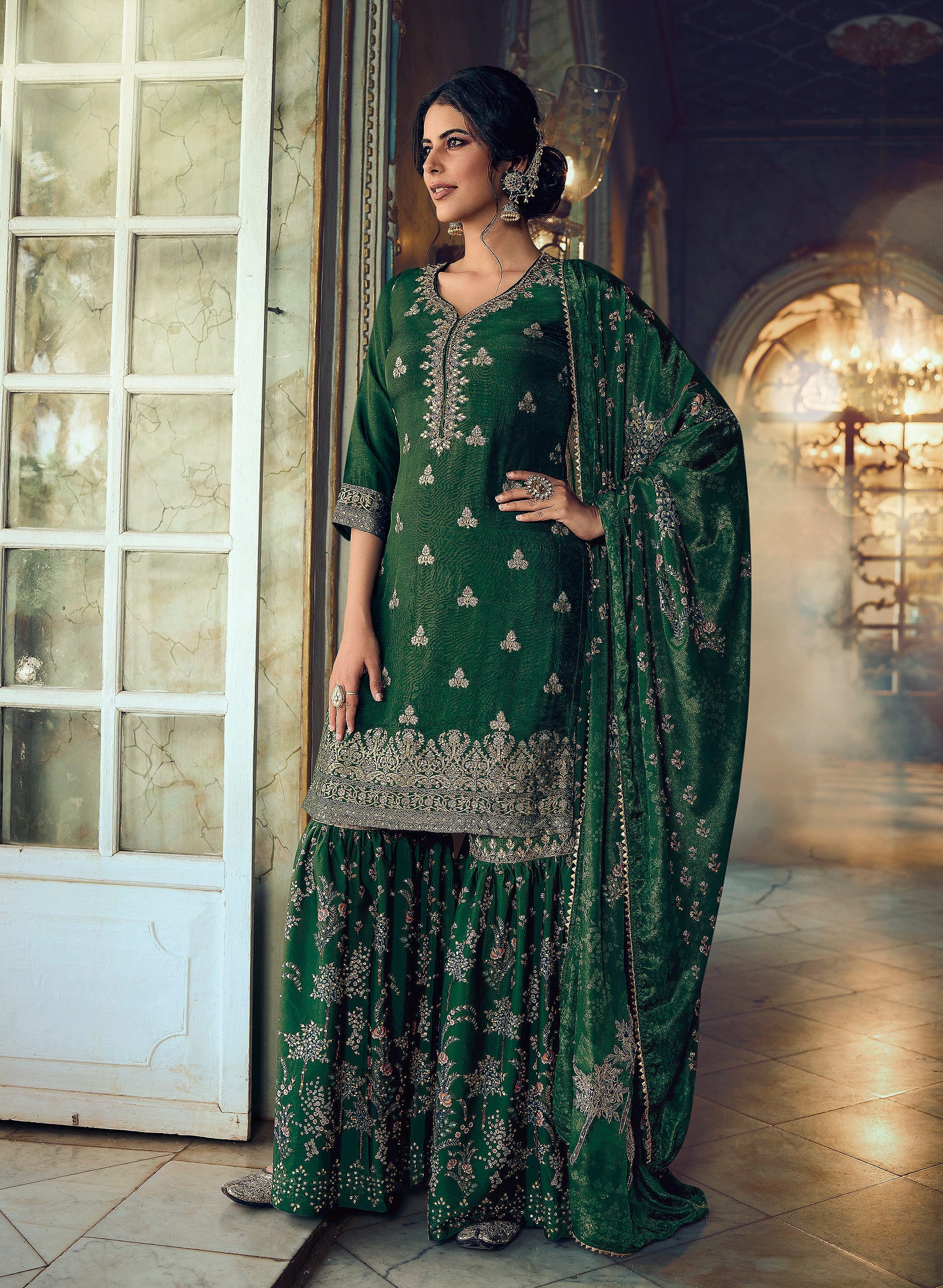 Pine Green Designer Embroidered Silk Wedding Gharara Suit – Saira's ...