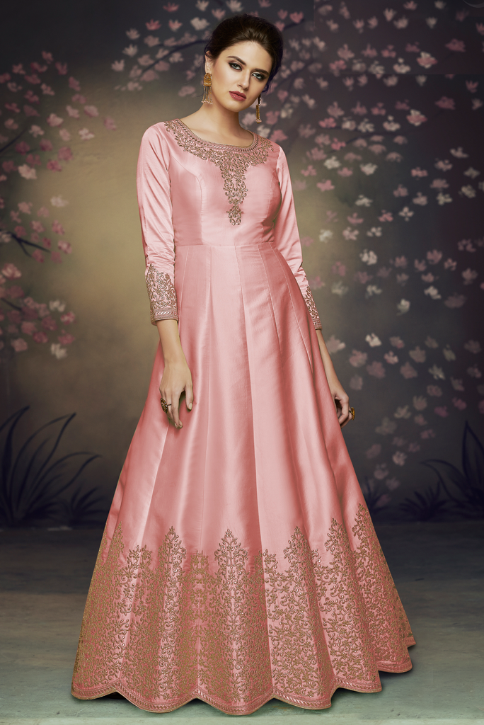 Pink Designer Embroidered Satin Silk 