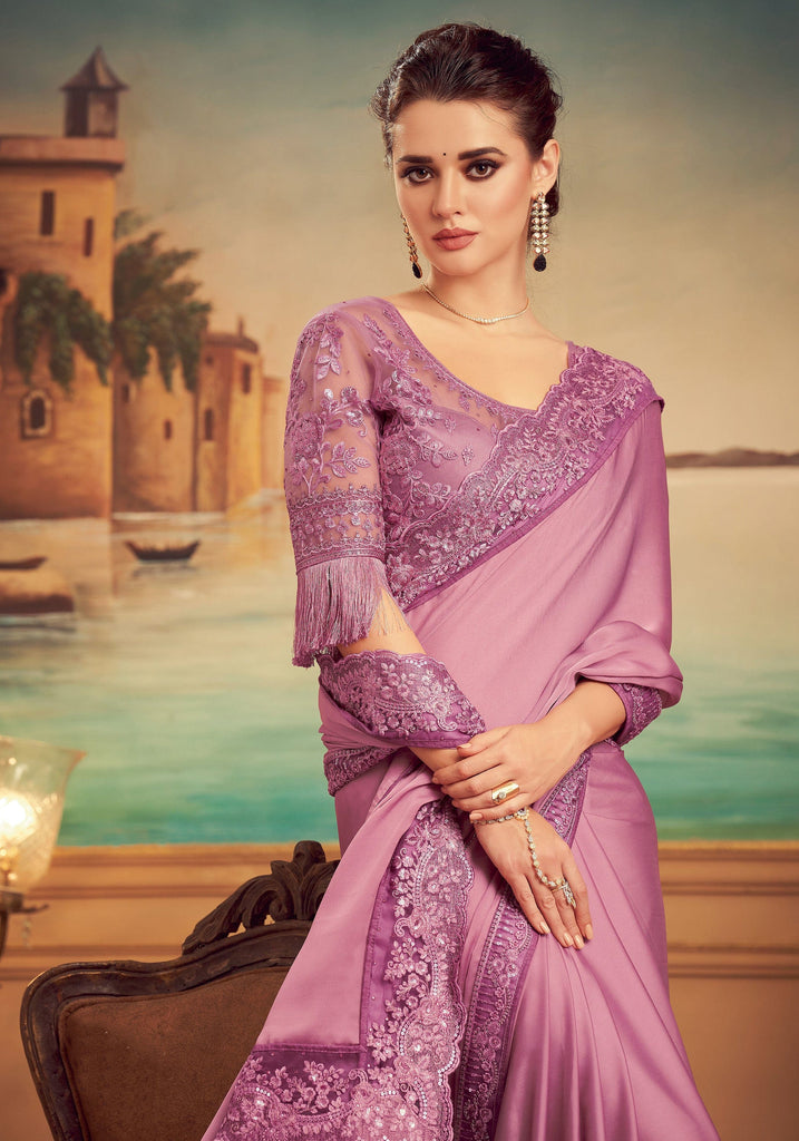 Puce Pink Designer Embroidered Silk Party Wear Saree | Saira's Boutique