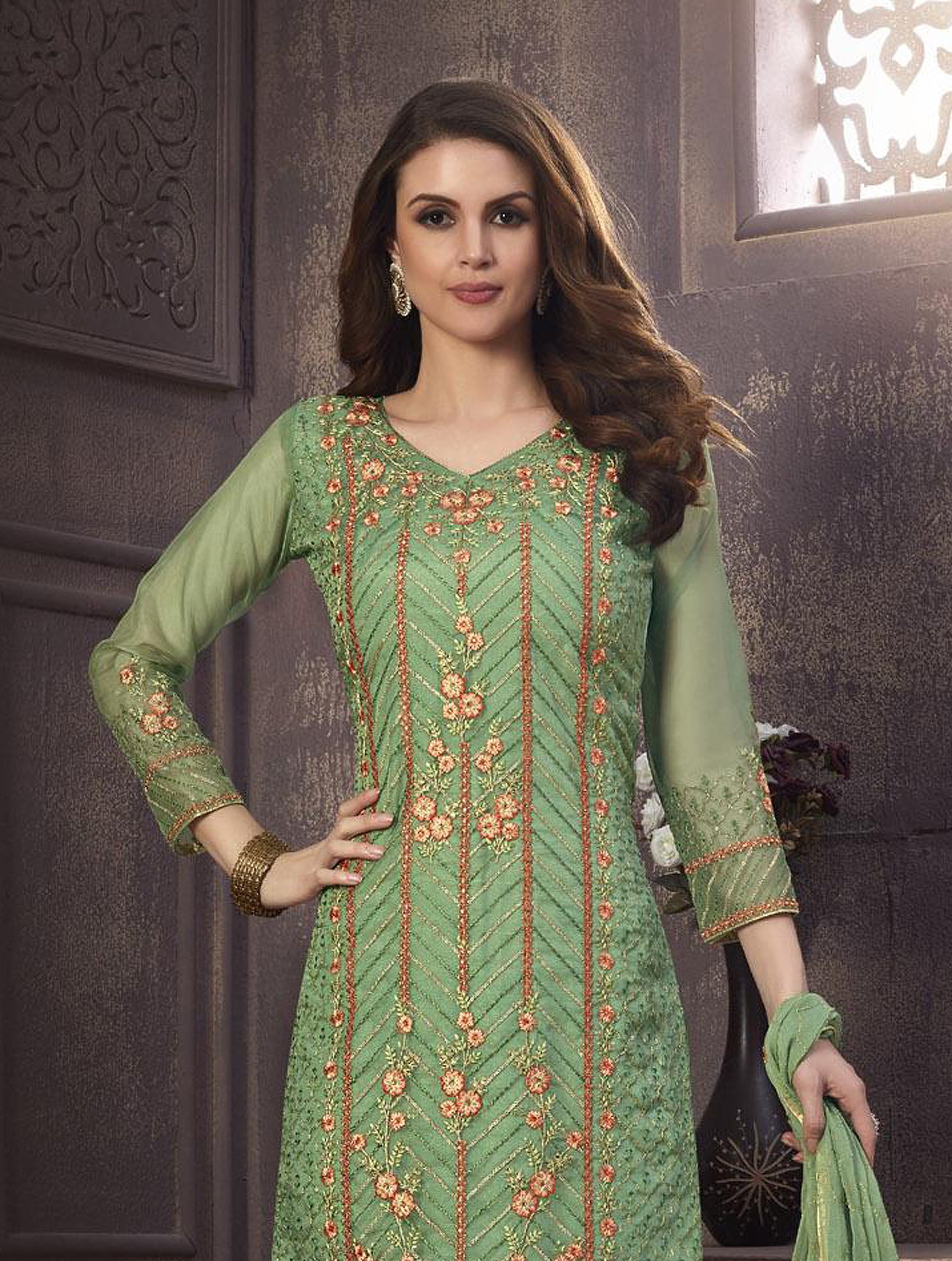Russian Green Designer Embroidered Organza Party Wear Pant Suit | Saira ...