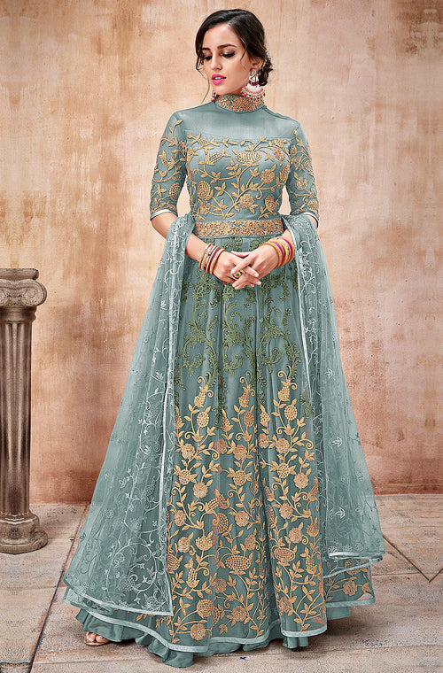 blue and gold anarkali