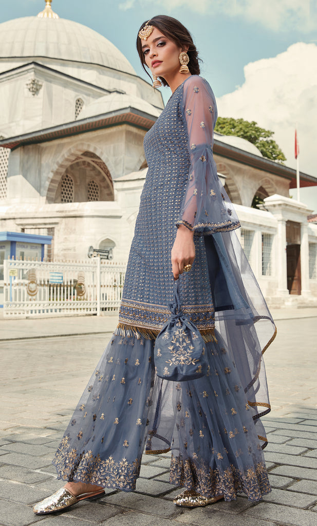 Slate Blue Designer Heavy Embroidered Net Gharara Suit – Saira's Boutique