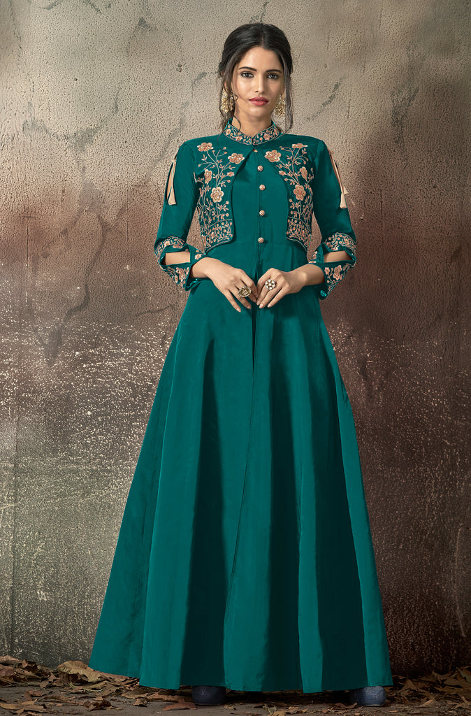 Teal Blue Designer Embroidered Taffeta Silk Party Wear Gown | Saira's ...